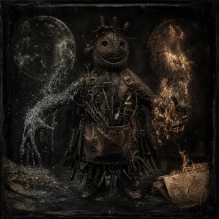 Generated editorial portrait for Tchakki, Pandemonium slot M19, net-span 6::4: Bag of Tricks; amphidemon of Combustion.